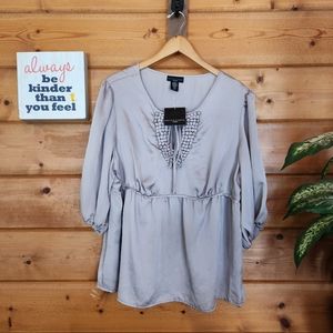 Apostrophe 💜 NWT Margherita Novelty Beaded Neck Simply Taupe Blouse Top Plus 18